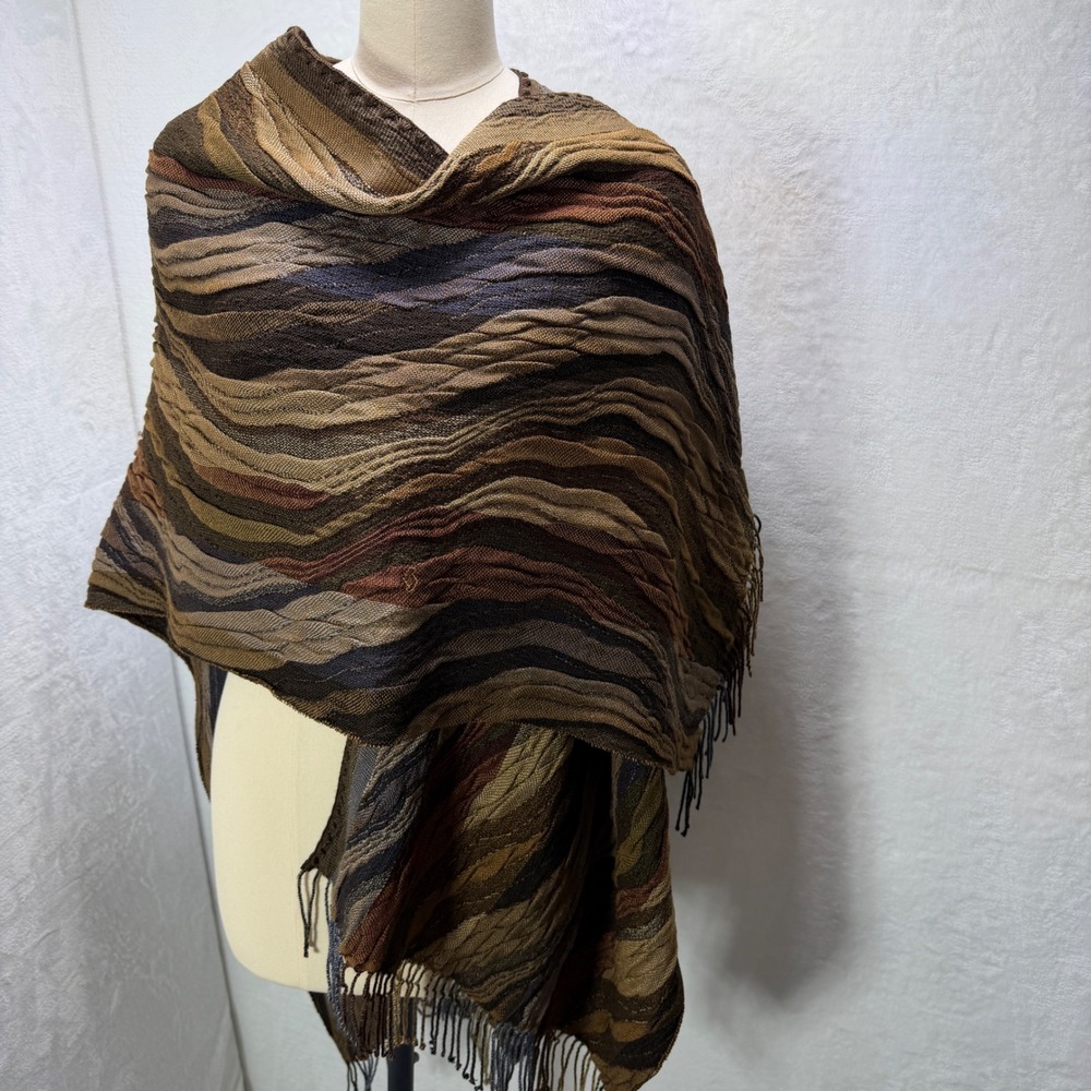 Rhonda Stark Sunset Fringe Earthtone Shawl Wrap Italy Textured Knit Brown